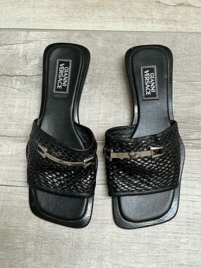 Versace Black Woven Slide Mules with Silver Hardware